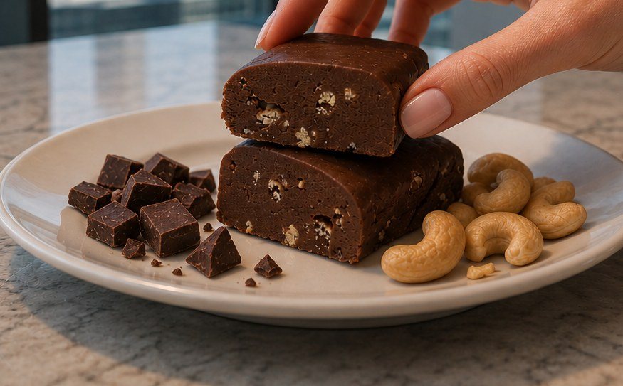 Close-up of a Pursuit Protein bar cut in half, showing a dense, fudgy chocolate interior studded with cashews, beside chocolate chunks and whole cashews
