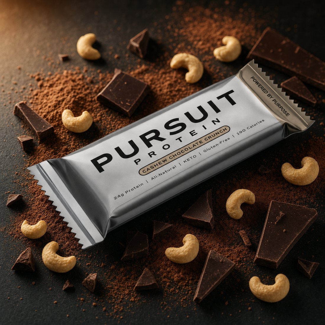 Pursuit Protein Cashew Chocolate Crunch bar surrounded by cashews and dark chocolate