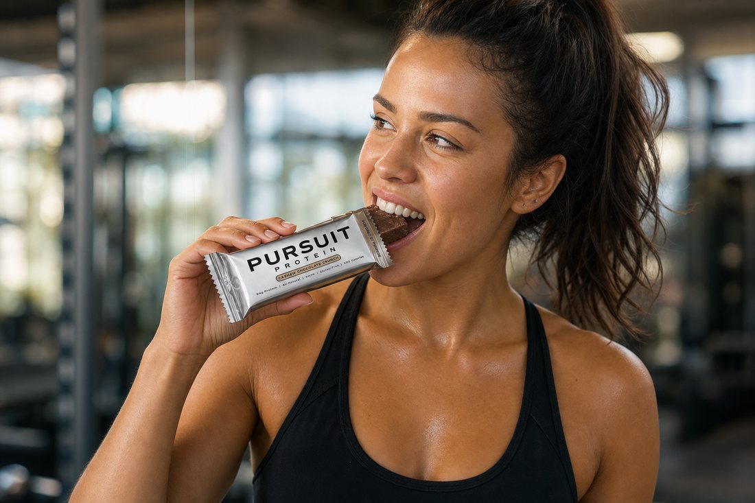 Ashley R. eating a Pursuit Protein bar at the gym
